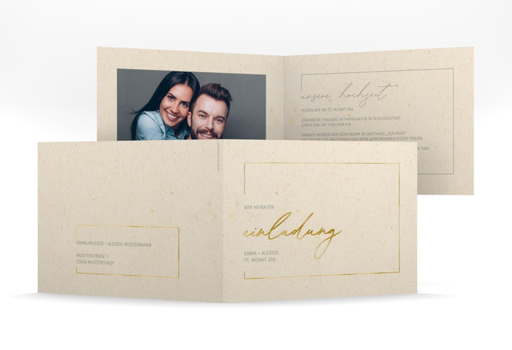 Hochzeitseinladung Simple Line mittlere Klappkarte quer beige gold
