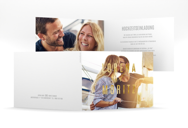Hochzeitseinladung Memory mittlere Klappkarte quer weiss gold