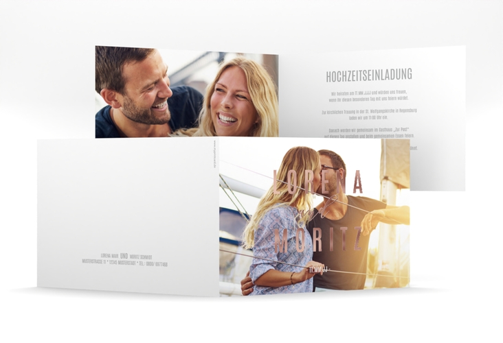 Hochzeitseinladung Memory mittlere Klappkarte quer weiss rosegold