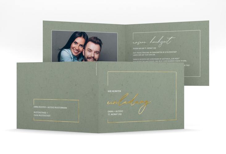 Hochzeitseinladung Simple Line mittlere Klappkarte quer gruen gold