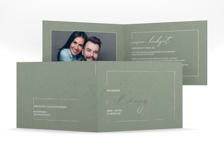 Hochzeitseinladung Simple Line mittlere Klappkarte quer gruen silber