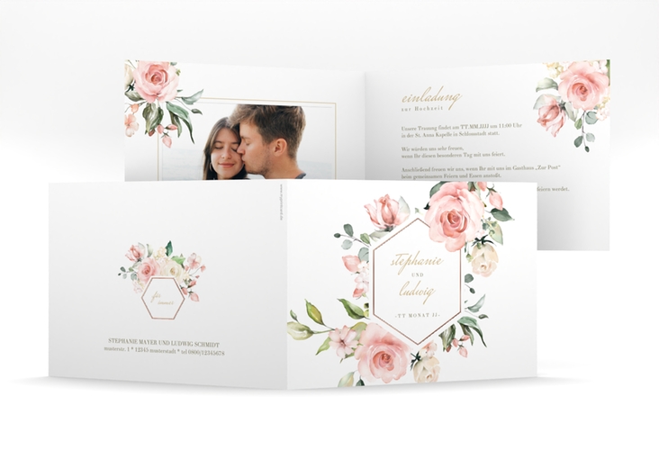Hochzeitseinladung Graceful mittlere Klappkarte quer weiss rosegold mit Rosenblüten in Rosa und Weiß