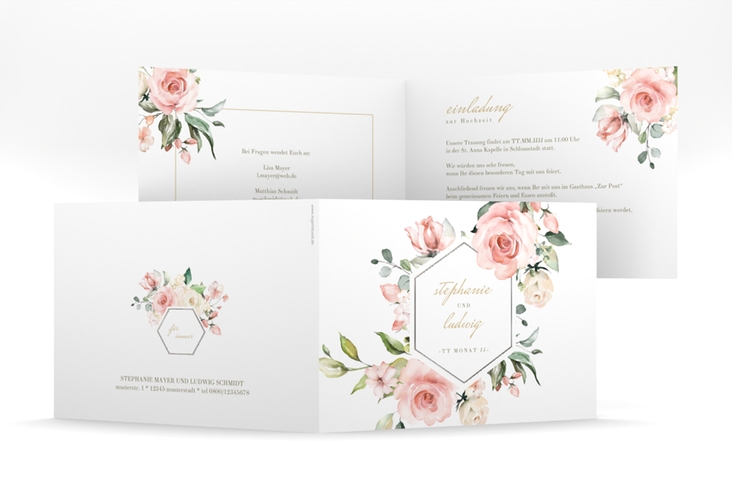 Hochzeitseinladung Graceful mittlere Klappkarte quer weiss silber mit Rosenblüten in Rosa und Weiß