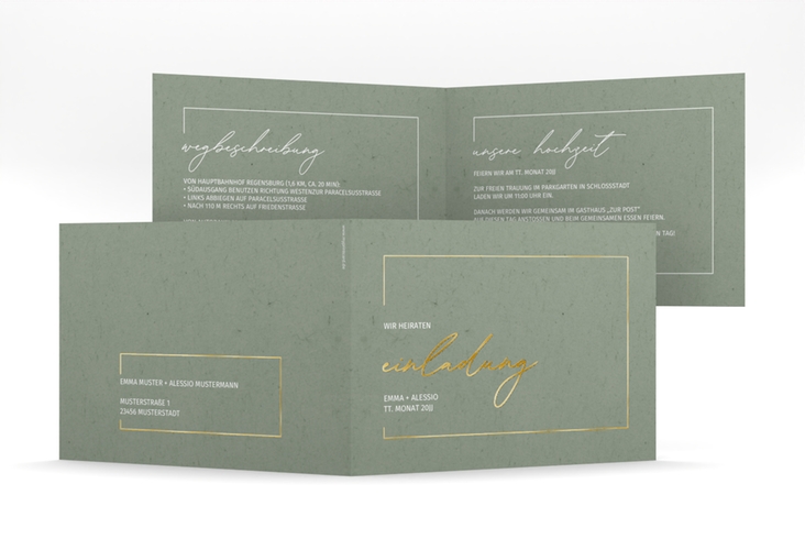 Hochzeitseinladung Simple Line mittlere Klappkarte quer gruen gold