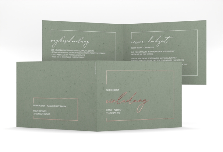 Hochzeitseinladung Simple Line mittlere Klappkarte quer gruen rosegold