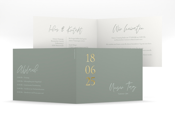 Hochzeitseinladung Day mittlere Klappkarte quer gruen gold mit Datum im minimalistischen Design