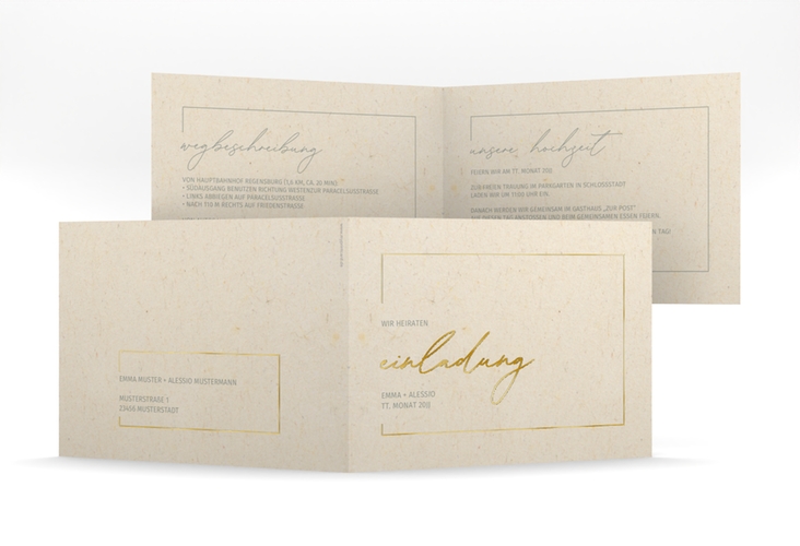 Hochzeitseinladung Simple Line mittlere Klappkarte quer beige gold