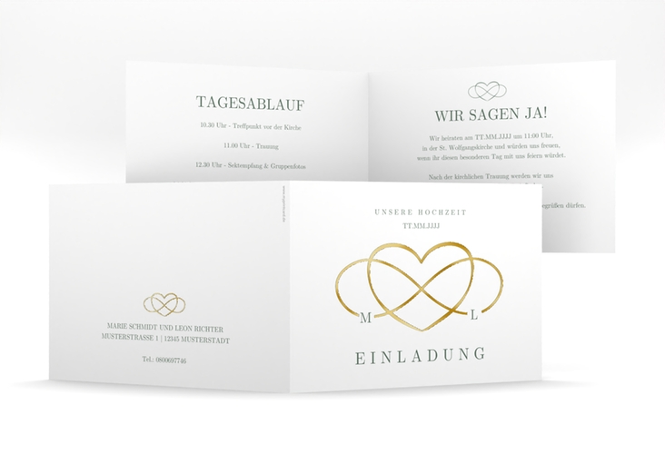 Hochzeitseinladung Infinity mittlere Klappkarte quer gruen gold