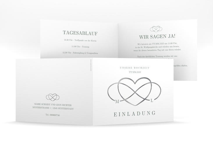 Hochzeitseinladung Infinity mittlere Klappkarte quer gruen silber