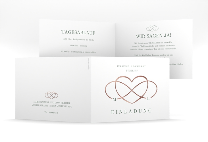 Hochzeitseinladung Infinity mittlere Klappkarte quer gruen rosegold