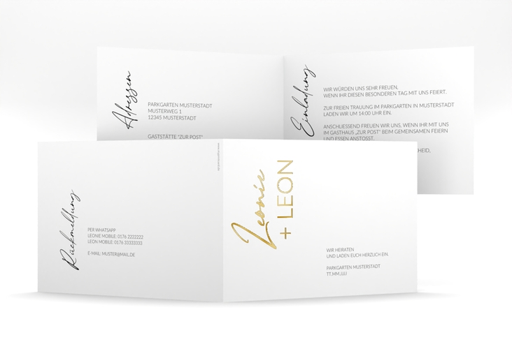 Hochzeitseinladung Your Name mittlere Klappkarte quer weiss gold