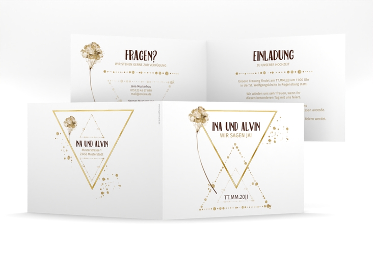 Hochzeitseinladung Triangle mittlere Klappkarte quer weiss gold