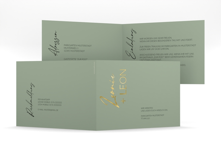 Hochzeitseinladung Your Name mittlere Klappkarte quer gruen gold