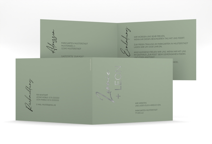 Hochzeitseinladung Your Name mittlere Klappkarte quer gruen silber