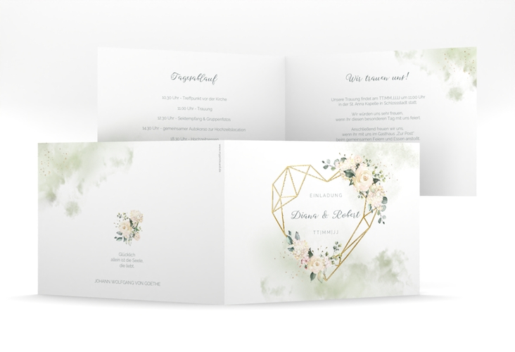 Hochzeitseinladung Adore mittlere Klappkarte quer gruen gold mit geometrischem Herz und Rosen in Pastell