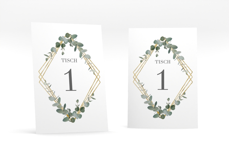 Tischnummer Hochzeit Eukalyptus Tischaufsteller weiss gold