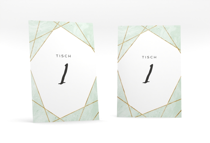 Tischnummer Hochzeit Asymmetry Tischaufsteller gruen gold