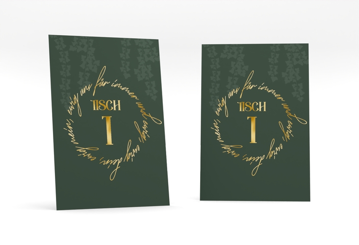 Tischnummer Hochzeit Efeugrün Tischaufsteller gruen gold im Fantasy-Elfen-Design mit Efeu