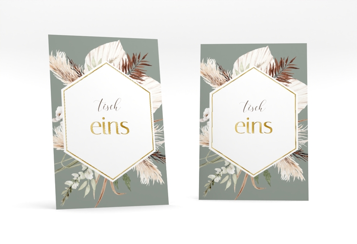 Tischnummer Hochzeit Bohemian Tischaufsteller gruen gold