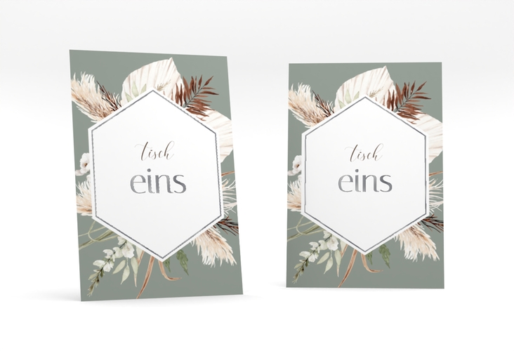 Tischnummer Hochzeit Bohemian Tischaufsteller gruen silber