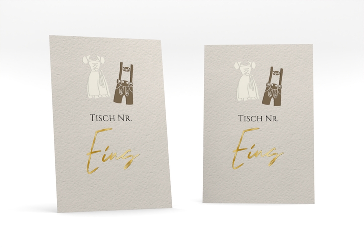 Tischnummer Hochzeit Trachtenhochzeit Tischaufsteller beige gold mit Dirndl und Lederhose
