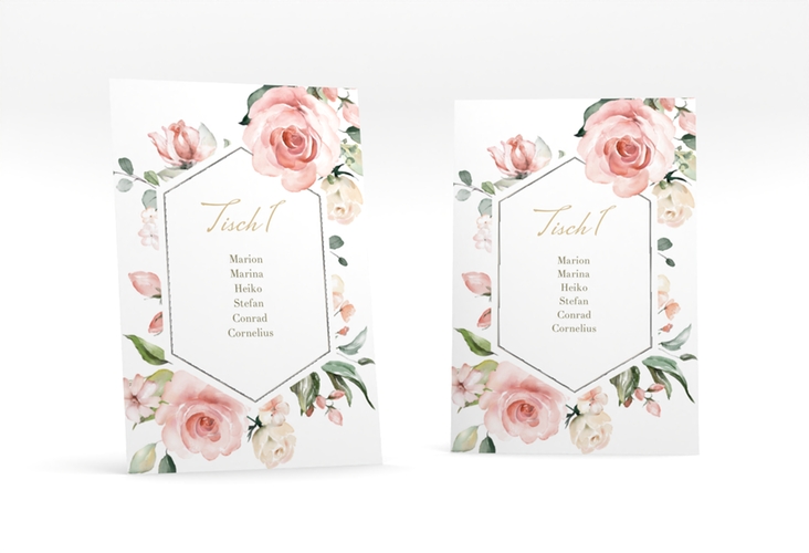Tischaufsteller Hochzeit Graceful Tischaufsteller weiss silber mit Rosenblüten in Rosa und Weiß
