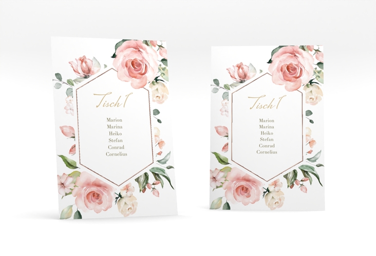 Tischaufsteller Hochzeit Graceful Tischaufsteller weiss rosegold mit Rosenblüten in Rosa und Weiß