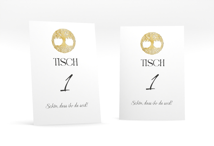Tischnummer Hochzeit Lebensbaum Tischaufsteller weiss gold im Stil der Kelten und Wikinger