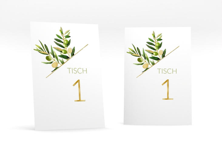 Tischnummer Hochzeit Olivenzweig Tischaufsteller weiss gold