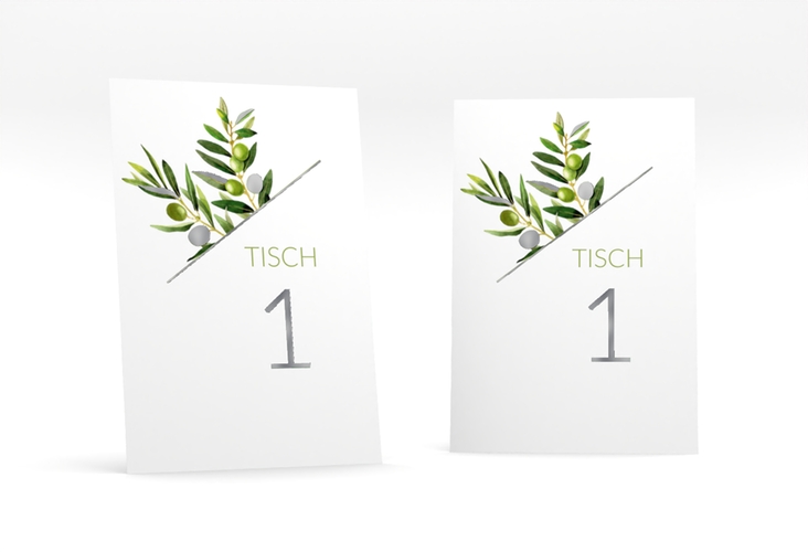 Tischnummer Hochzeit Olivenzweig Tischaufsteller weiss silber