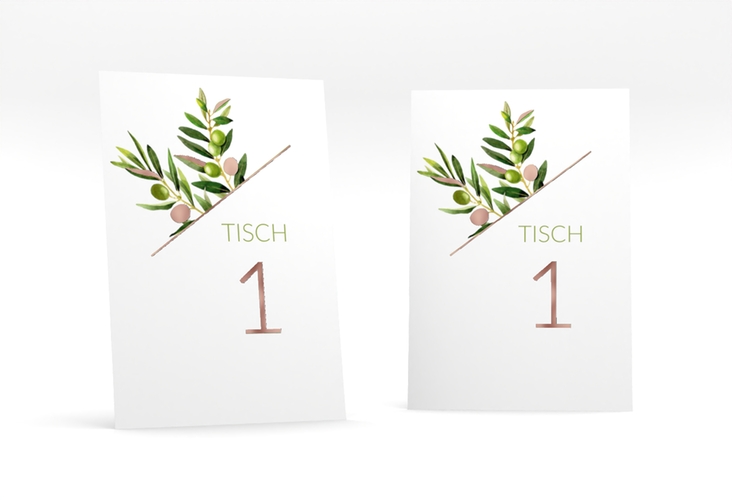 Tischnummer Hochzeit Olivenzweig Tischaufsteller weiss rosegold