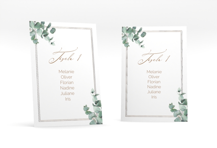 Tischaufsteller Hochzeit Eucalypt Tischaufsteller weiss silber mit Eukalyptus und edlem Rahmen