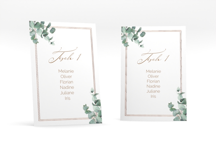Tischaufsteller Hochzeit Eucalypt Tischaufsteller weiss rosegold mit Eukalyptus und edlem Rahmen