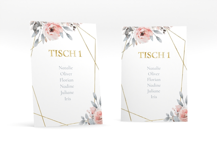 Tischaufsteller Hochzeit Perfection Tischaufsteller weiss gold mit rosa Rosen