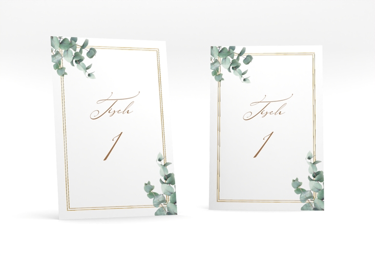 Tischnummer Hochzeit Eucalypt Tischaufsteller weiss gold mit Eukalyptus und edlem Rahmen