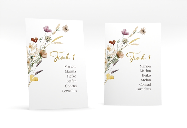 Tischaufsteller Hochzeit Sauvages Tischaufsteller weiss gold mit getrockneten Wiesenblumen