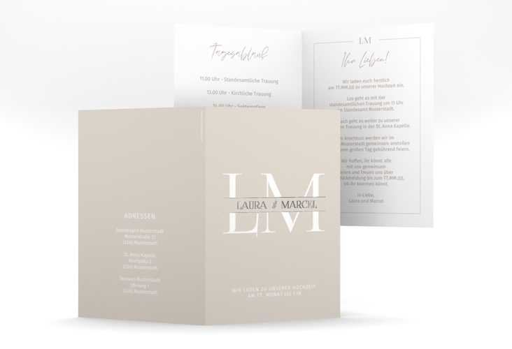 Einladungskarte Hochzeit Monogramm A6 Klappkarte hoch beige silber