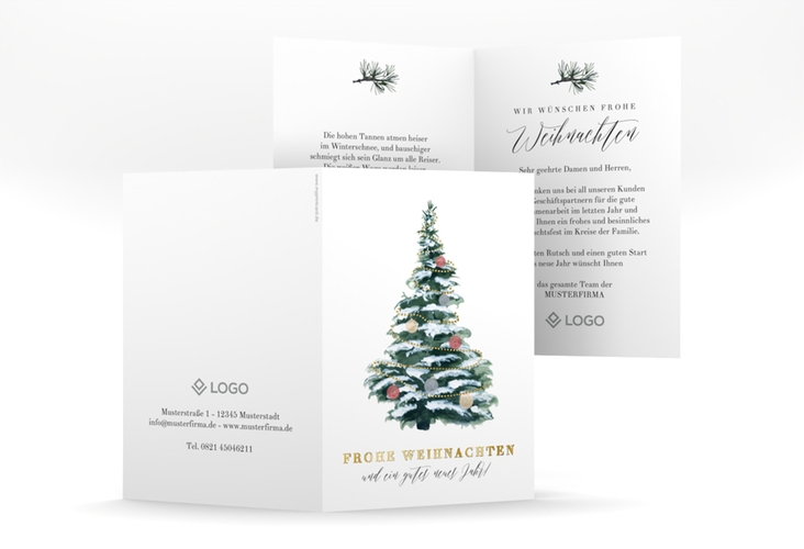 Geschäftliche Weihnachtskarte Wintertanne A6 Klappkarte hoch gruen gold mit dekoriertem Tannenbaum voll Schnee