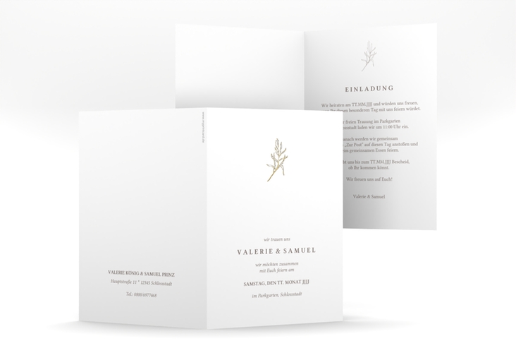 Einladungskarte Hochzeit Ivy A6 Klappkarte hoch weiss gold minimalistisch mit kleiner botanischer Illustration
