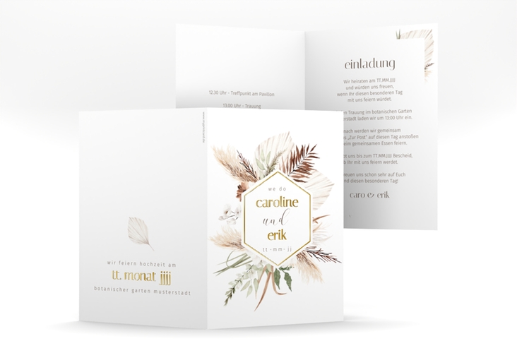 Einladungskarte Hochzeit Bohemian A6 Klappkarte hoch weiss gold mit Gräsern und Trockenblumen für Boho-Hochzeit