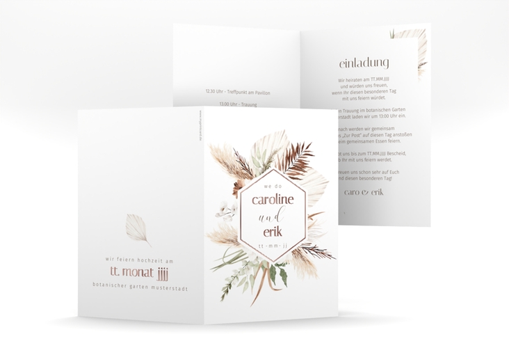 Einladungskarte Hochzeit Bohemian A6 Klappkarte hoch weiss rosegold mit Gräsern und Trockenblumen für Boho-Hochzeit