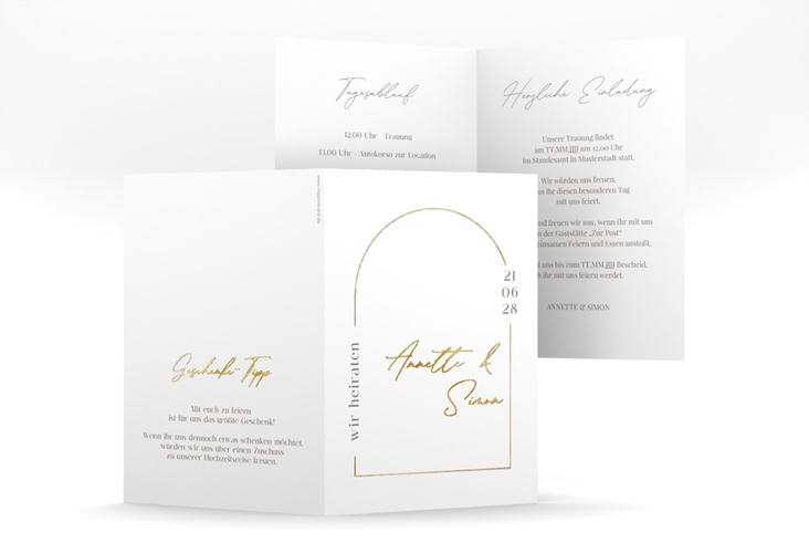 Einladungskarte Hochzeit Rundung A6 Klappkarte hoch weiss gold