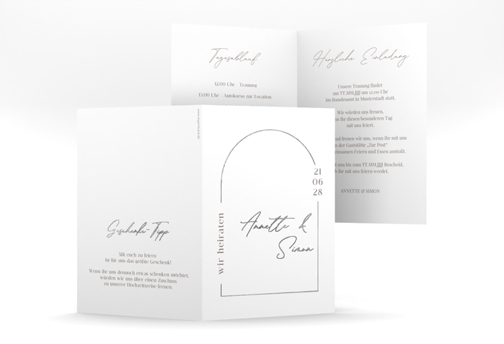 Einladungskarte Hochzeit Rundung A6 Klappkarte hoch weiss silber