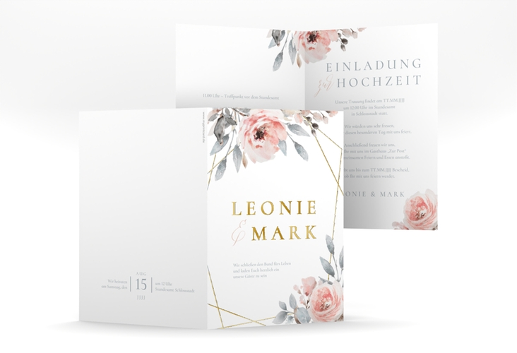 Einladungskarte Hochzeit Perfection A6 Klappkarte hoch weiss gold mit rosa Rosen