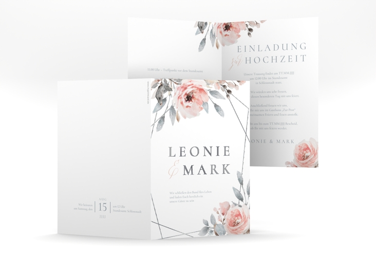 Einladungskarte Hochzeit Perfection A6 Klappkarte hoch weiss silber mit rosa Rosen