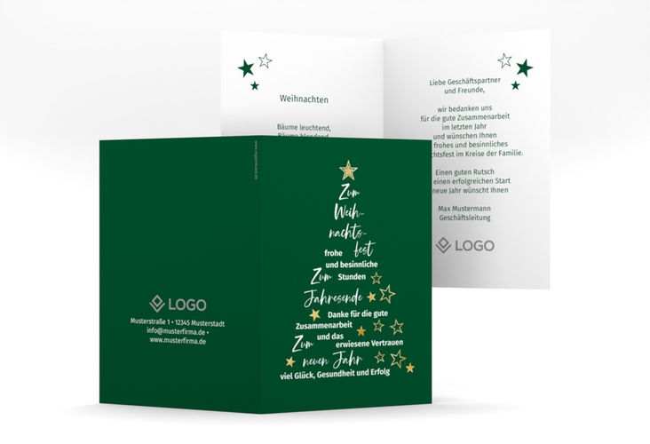 Geschäftliche Weihnachtskarte Oh Tannenbaum A6 Klappkarte hoch gruen gold mit Weihnachtsbaum aus Glückwünschen und Sternen