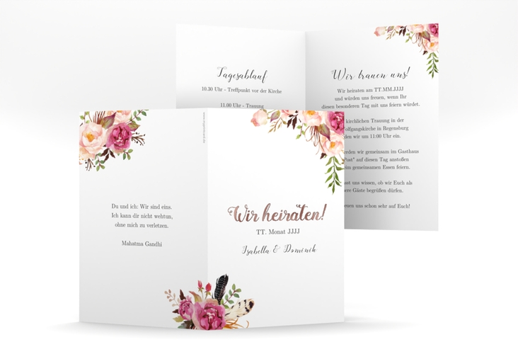 Einladungskarte Hochzeit Flowers A6 Klappkarte hoch weiss rosegold mit bunten Aquarell-Blumen