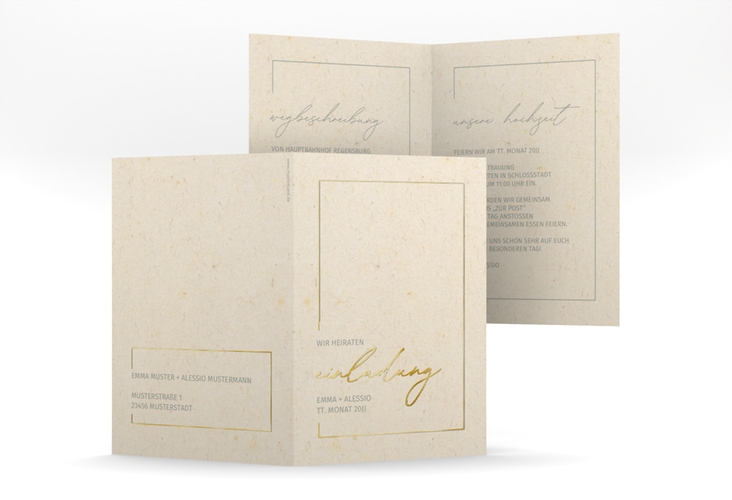 Einladungskarte Hochzeit Simple Line A6 Klappkarte hoch beige gold