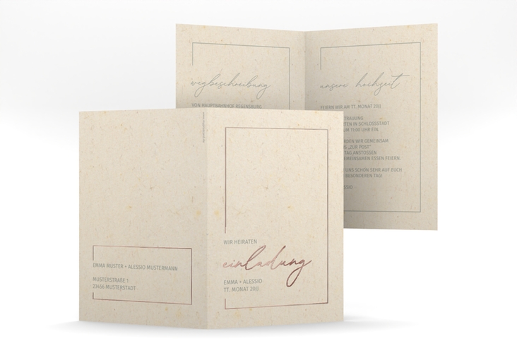 Einladungskarte Hochzeit Simple Line A6 Klappkarte hoch beige rosegold