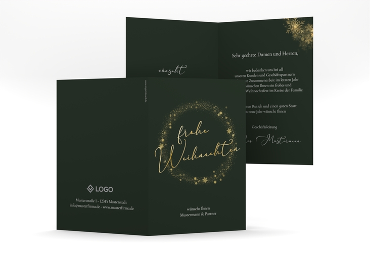 Business-Weihnachtskarte Glitzerkranz A6 Klappkarte hoch gruen gold mit Kranz aus Eiskristallen und eleganter Aufschrift frohe Weihnachten